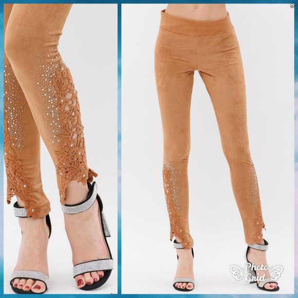 NEW SUEDE VOCAL CAMEL BROWN RHINESTONE LACE SOFT LEGGINGS S M L XL - Picture 1 of 3